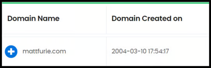 Domain record showing mattfurie.com was created on March 10, 2004